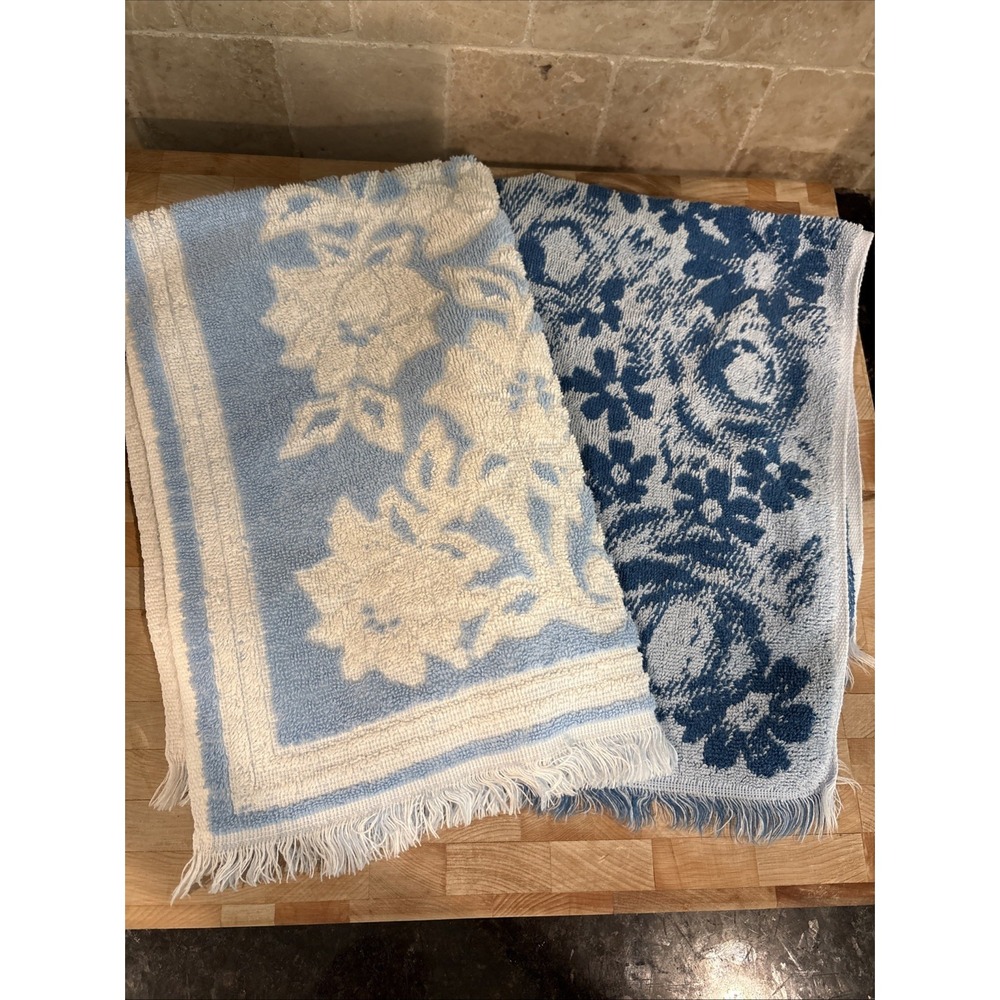 2 Vintage Fieldcrest Cotton Hand Dish Towel Blue Flowers Cottagecore Grandmacore